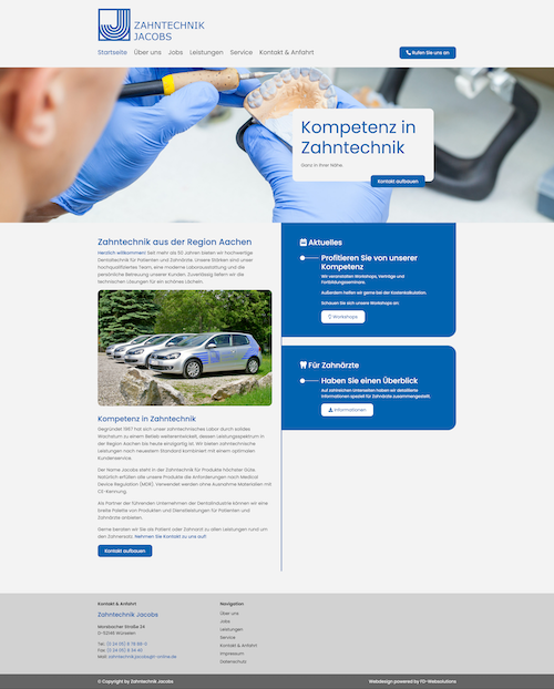 Webdesign Referenz: Screenshot der Startseite von Zahntechnik Jacobs