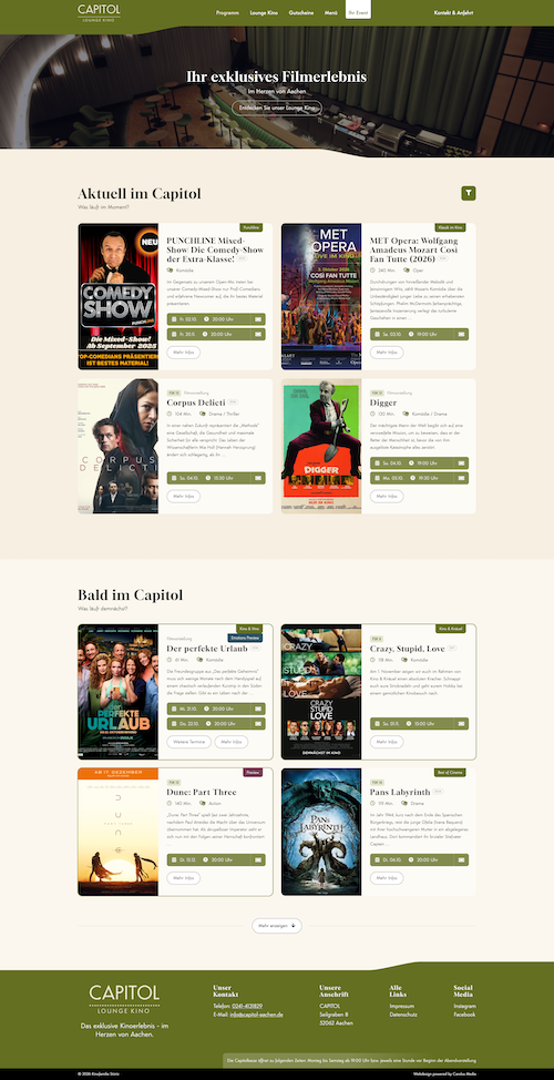 Webdesign Referenz: Screenshot der Website des Capitol Lounge Kinos in Aachen